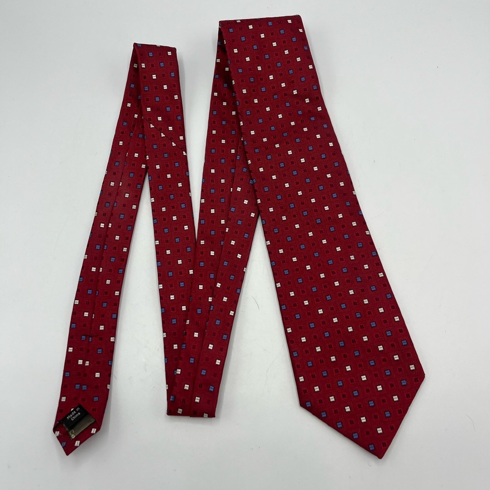 Calvin Klein 100% Silk Necktie Red White Blue Geometric Blocks Power Tie